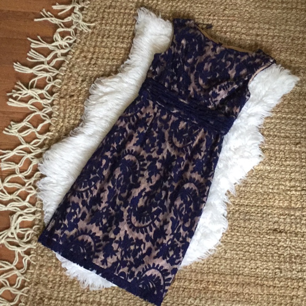 Nude/Royal Blue Lace Cocktail Dress